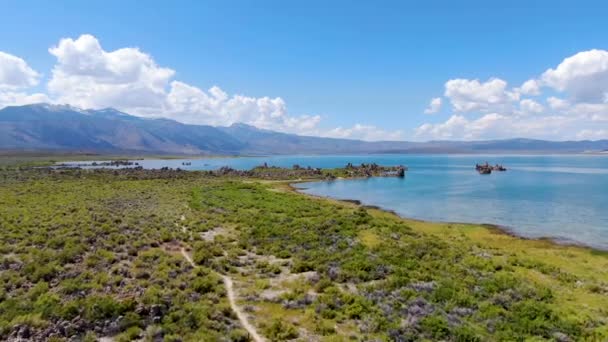 Luchtfoto Van Mono Lake Met Tufsteen Rotsformaties Tijdens Het Zomerseizoen — Stockvideo