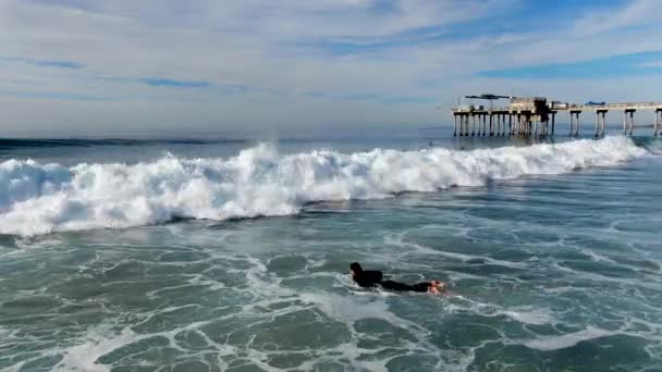 Flygbild Surfare Njuter Vågor Jolla Med Scripps Pier Institute Oceanografi — Stockvideo