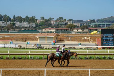 Del Mar yarış pistinde yarış için hazırlanıyor yarış pistinde jokeyler ile Atlar. San Diego'da. California. Abd.