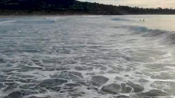 Aerial View Surfers Waiting Paddling Enjoying Waves Sunset Jolla San — Stock Video