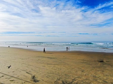 Gün batımından önce plajın keyfini çıkaran havadan manzara. Güneydoğu Los Angeles, Kaliforniya. Abd
