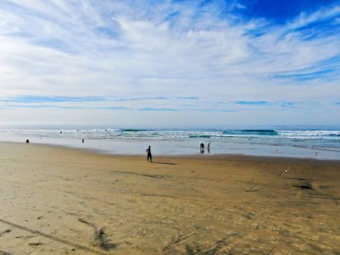 Gün batımından önce plajın keyfini çıkaran havadan manzara. Güneydoğu Los Angeles, Kaliforniya. Abd