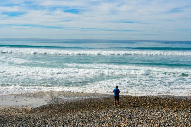 Plajda huzurlu bir anda eğlenen ve yürüyen adam. Kaliforniya'da Torrey Pines State Beach, San Diego County bulunan. Abd. 