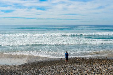 Plajda huzurlu bir anda eğlenen ve yürüyen adam. Kaliforniya'da Torrey Pines State Beach, San Diego County bulunan. Abd. 