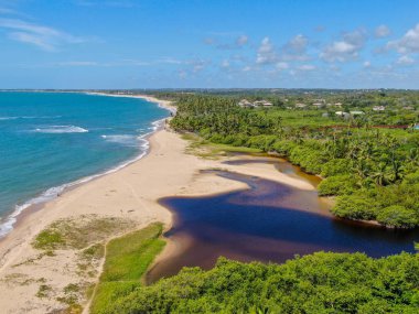 Tropikal okyanusla birleşen nehrin havadan görünümü