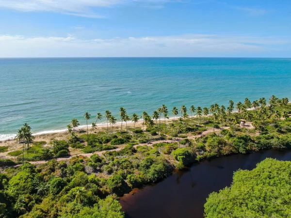 Vista aérea del río junto a la playa tropical y el océano . — Foto de Stock