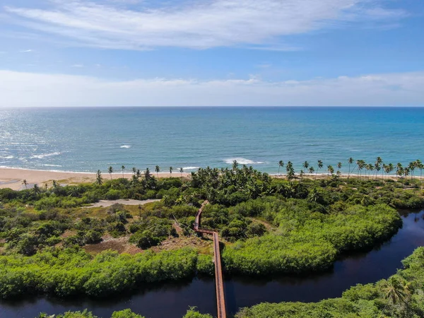 Aerial view of river with wood bridge next the tropical beach — Stock Photo, Image