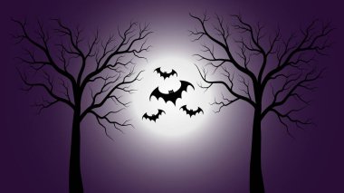 Dolunay ve yarasalarla dolu ürkütücü bir orman. Cadılar Bayramı konsepti.