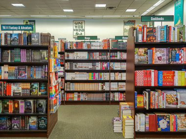 Kitapçıdaki raflarda sıralar dolusu kitap var.