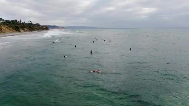 Widok z lotu ptaka surferów czekających, wiosłujących i cieszących się falami — Wideo stockowe