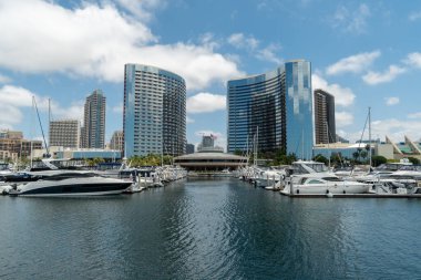 Lüks tekneler Embarcadero Marina Park North, San Diego 'da demirlemiş.. 