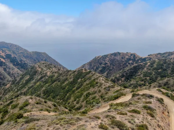 Aerial view of hiking trails on the top of Santa Catalina Island mountains