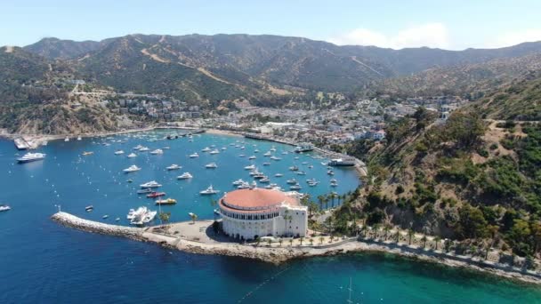 Vista aérea do Catalina Casino e do porto de Avalon com veleiros . — Vídeo de Stock