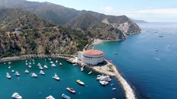 Flygfoto av Catalina Casino och Avalon hamn med segelbåtar. — Stockvideo