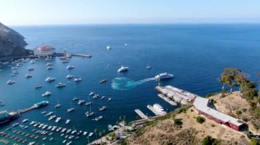 ABD 'nin Santa Catalina Adası' ndaki Avalon Limanı ve Catalina Ekspres Terminali 'nin havadan görüntüsü