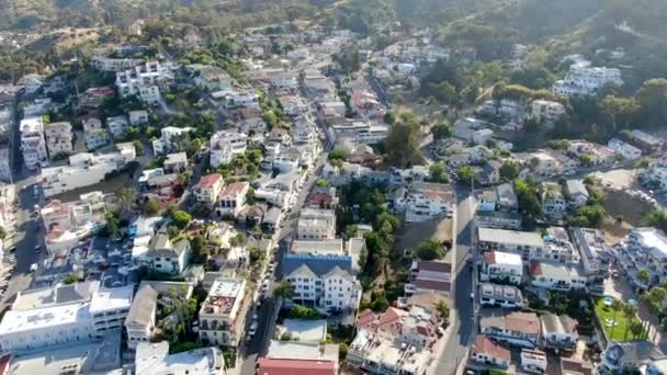 Vista aérea del centro de Avalon con sus casas en el acantilado en la isla de Santa Catalina, EE.UU. — Vídeos de Stock