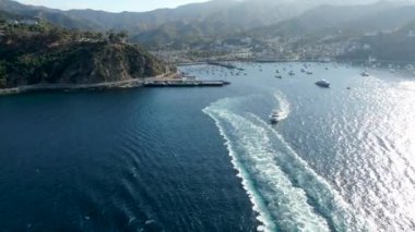 Avalon şehir merkezinin havadan görüntüsü ve Santa Catalina Adası, ABD