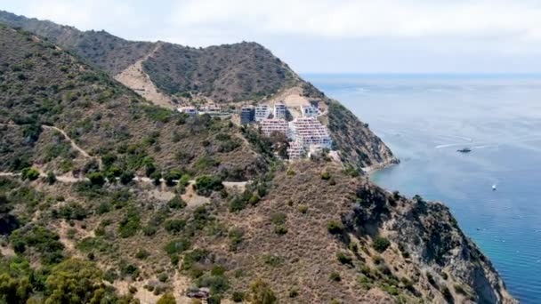 Aerial view of Hamilton Cove with apartment condo building on the cliff, Santa Catalina Island. USA — Stock Video