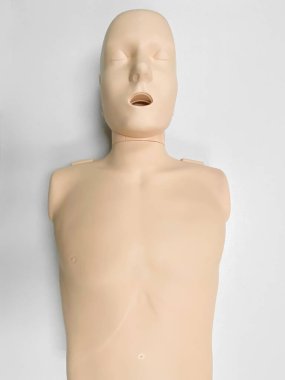 İlk yardım ve kardiyopulmoner canlandırma eğitimi için beyaz arka planda suni teneffüs.