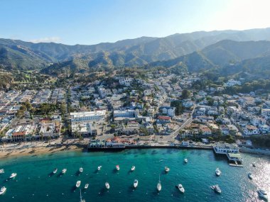 ABD 'nin Santa Catalina Adası' ndaki Avalon şehir ve körfezinin havadan görüntüsü