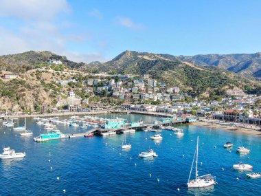 ABD 'nin Santa Catalina Adası' ndaki Avalon şehir ve körfezinin havadan görüntüsü