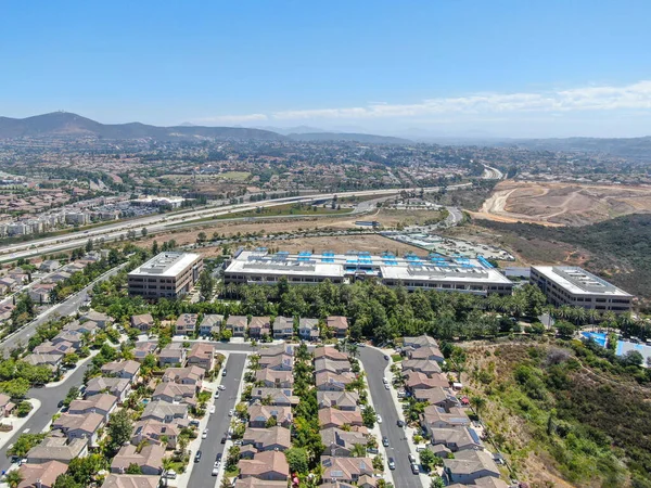 Aerial view of middle class subdivision neighborhood with residential villas