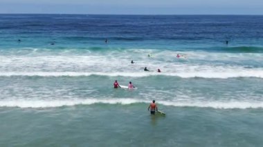 Sörfçülerin mavi sudaki dalgalara doğru kürek çekişlerini gösteren hava manzarası.