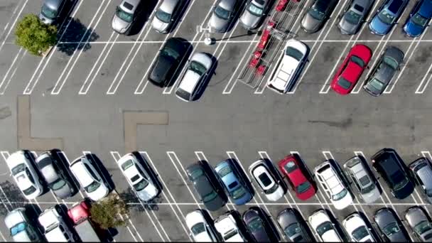 Antenn ovanifrån av parkeringsplats på köpcentret med sorter av färgade fordon. — Stockvideo