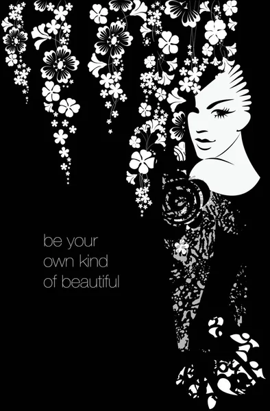 Tasarım poster, kart, davet, afiş, broşür, el ilanı için dikey sanatsal evrensel kart, çiçekler ve siluet kadın, güzel bir kadın yüzü,