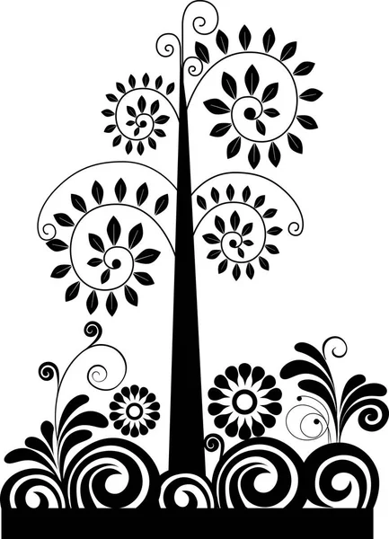 Dekoratif ağaçlar ve çimen çiçek, stencil deseni, çiçek süsleme için vektör çizim silueti