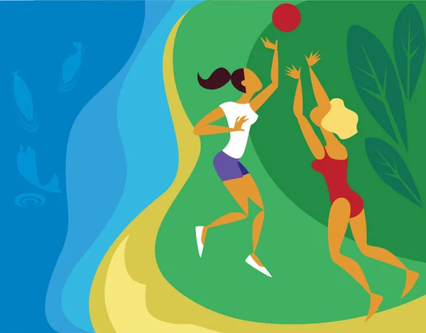 iki kadın oynamak voleybol, dinlenme yaz, bir grup insan nehirde vakit. Vektör çizim karikatür tarzı