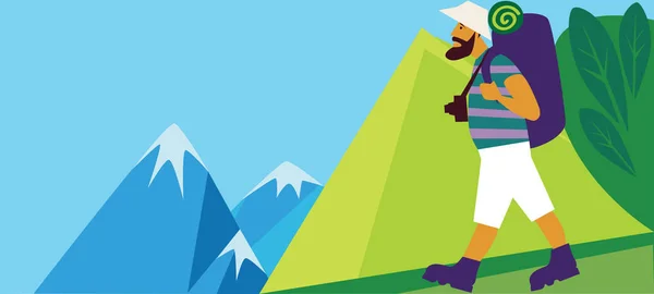 turist, adam gitti, dağlarda yürüyüş giden adam. Vektör çizim karikatür tarzı
