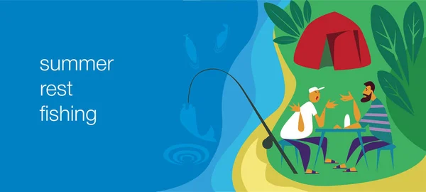 iki adam Balık tutma yaz, nehirde vakit arkadaş grubu üzerine getirin. Vektör çizim karikatür tarzı