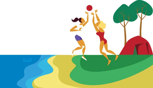 Группа Людей Проводящих Время Реке Две Женщины Играют Волейбол Отдыхают Стоковый вектор