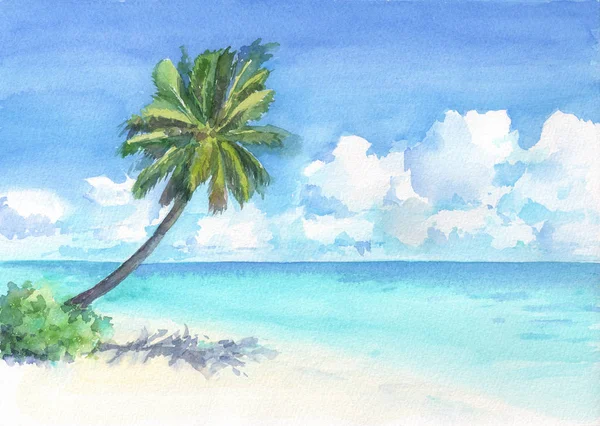 美丽的热带海滩与棕榈树 水彩画手画插图 — 图库照片