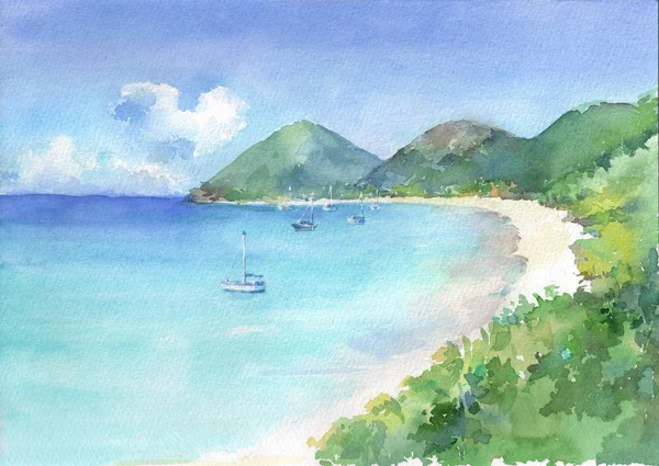 Pohled Paradise Bay Tyrkys Vidět Vodou Pláže Bílým Pískem Akvarelu — Stock fotografie