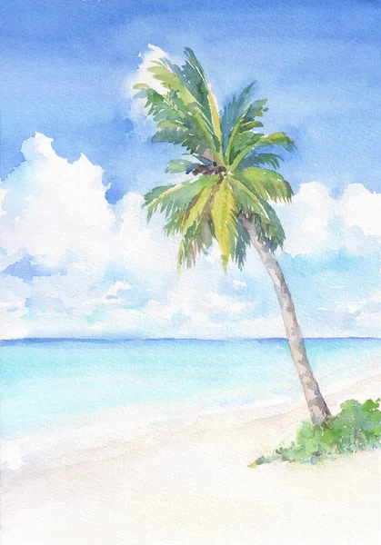 Paradise Plage Tropicale Avec Palmier Aquarelle Illustration Dessinée Main — Photo