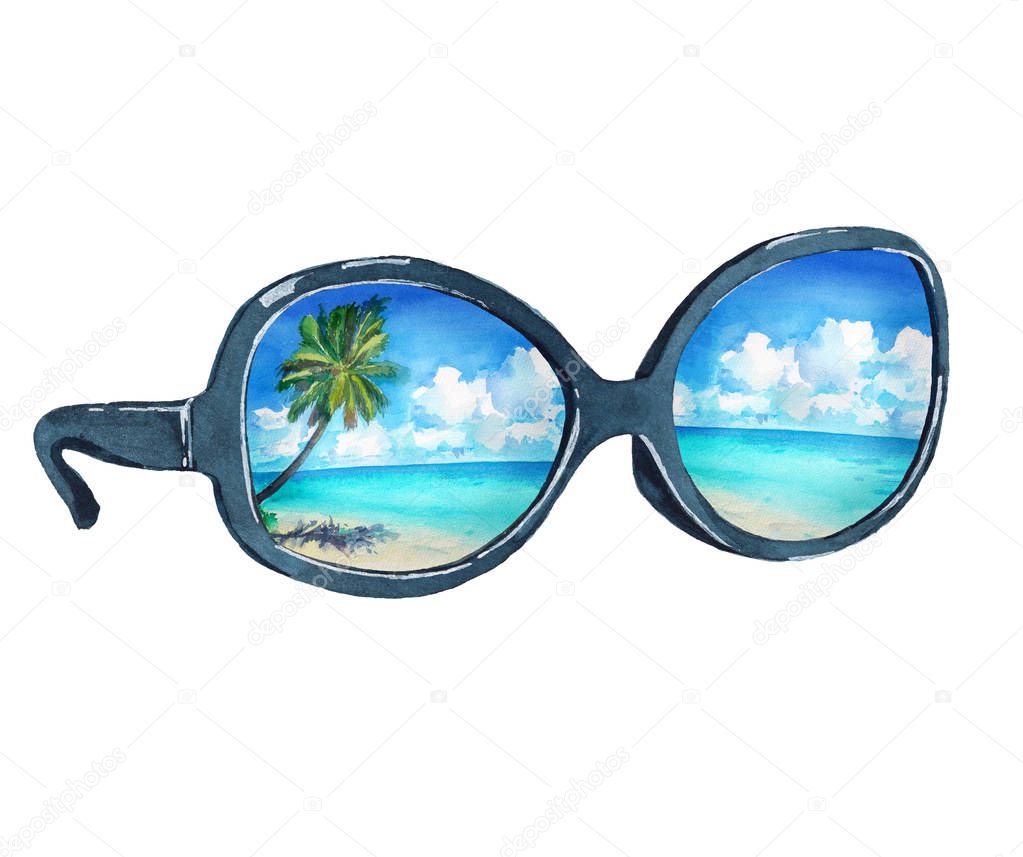 Watercolor illustration of sunglasses with reflection of the tropical beach, palms, ocean and blue sky. Isolated on white background.