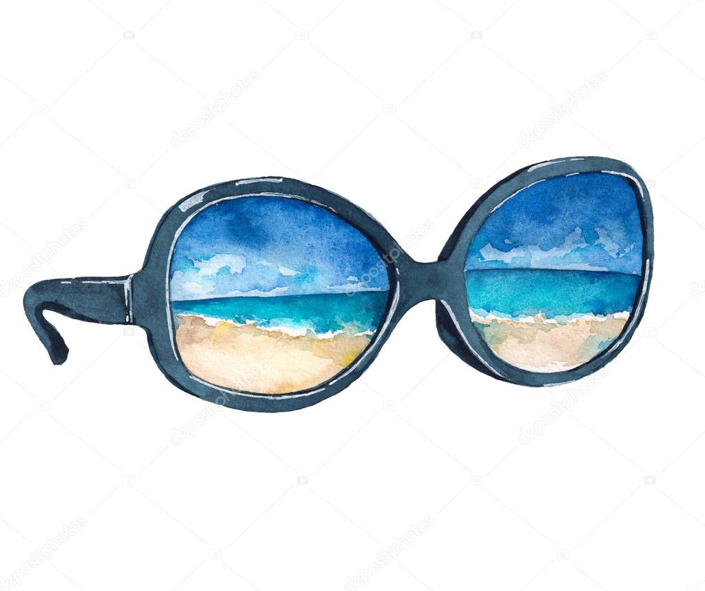 Watercolor illustration of sunglasses with reflection of the beach, ocean and blue sky. Isolated on white background.