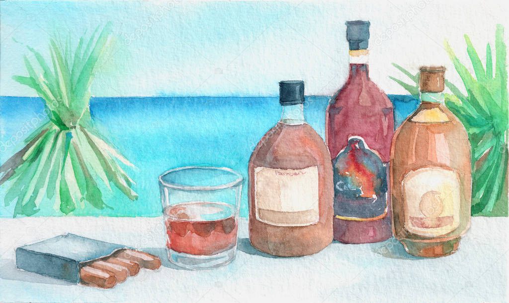 Glass of rum with bottles and cigars on the tropical beach background. Watercolor hand drawn illustration.