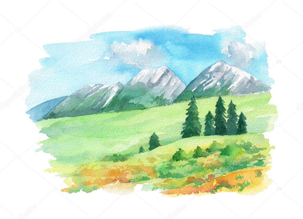 Illustration landscape with mountain peaks and flowers on the green grass. Hand painted in watercolor. Isolated  on a white background