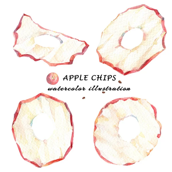 Conjunto Acuarela Chips Manzana Aislados Sobre Fondo Blanco —  Fotos de Stock