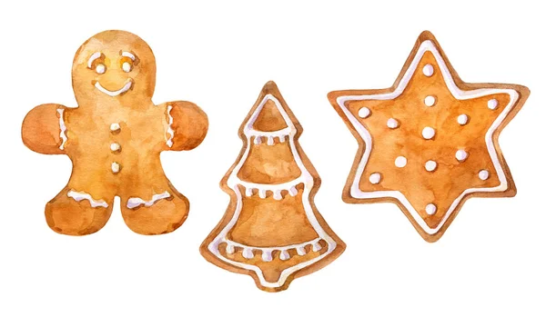 Galletas Navidad Jengibre Conjunto Acuarela Ilustración Dibujada Mano — Foto de Stock