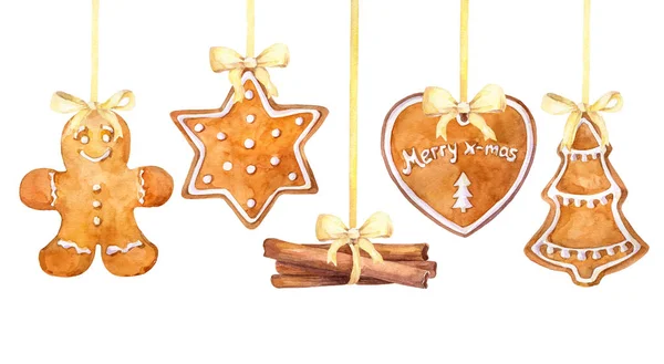 Vor Weißem Hintergrund Hängen Weihnachtliche Lebkuchen Und Zimtstangen Aquarell Handgezeichnete — Stockfoto