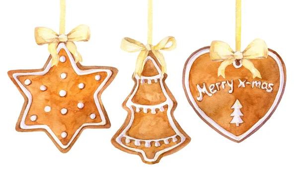 Christmas Gingerbread Cookies Hanging Border White Background Watercolor Hand Drawn — Stock Photo, Image