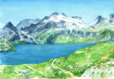 Ön planda taze yeşil çayırları ve gölü niçin Alplerin panoramik manzarası. Suluboya el çizilmiş illüstrasyon.