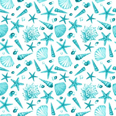 Deniz kabukları, denizyıldızı ve taşlar - sualtı yaşam nesneleri ile suluboya dikişsiz desen.