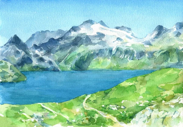 新緑の草原と湖を前景に持つアルプスのパノラマビュー 水彩画描き下ろしイラスト — ストック写真