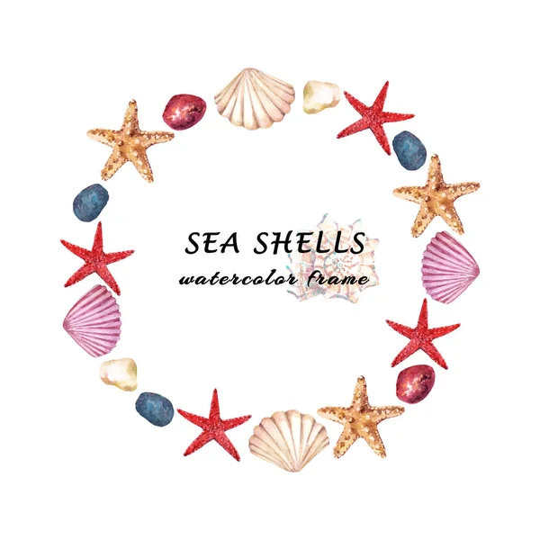 Aquarell Aquatische Rundrahmen Mit Muscheln Seesternen Und Steinen Handgezeichnete Illustration — Stockfoto