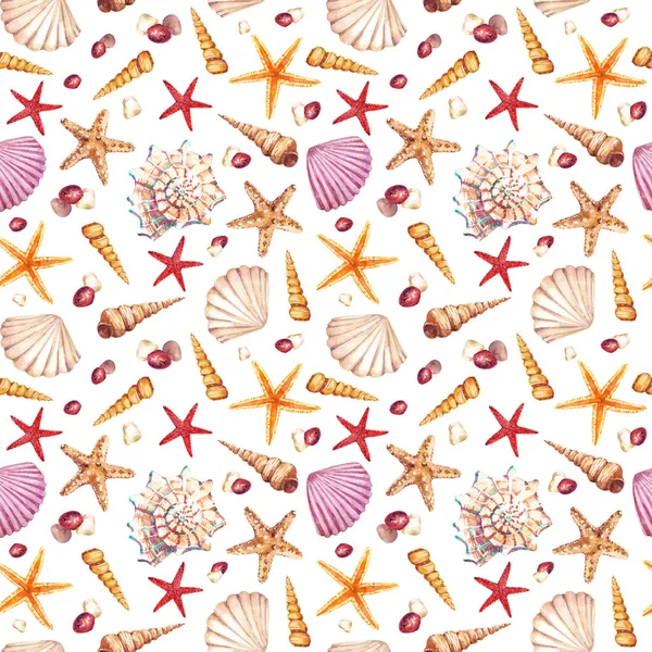 Watercolor Seamless Pattern Underwater Life Objects Seashells Starfish Stones — Stock Photo, Image